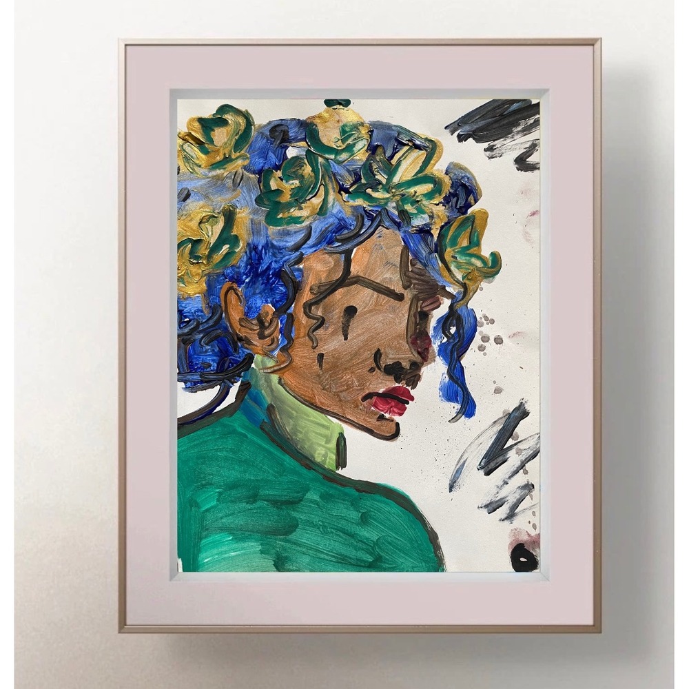 Original Abstract Portrait Painting Blue Hair Floral Crown 8.5x11 Mixed Media